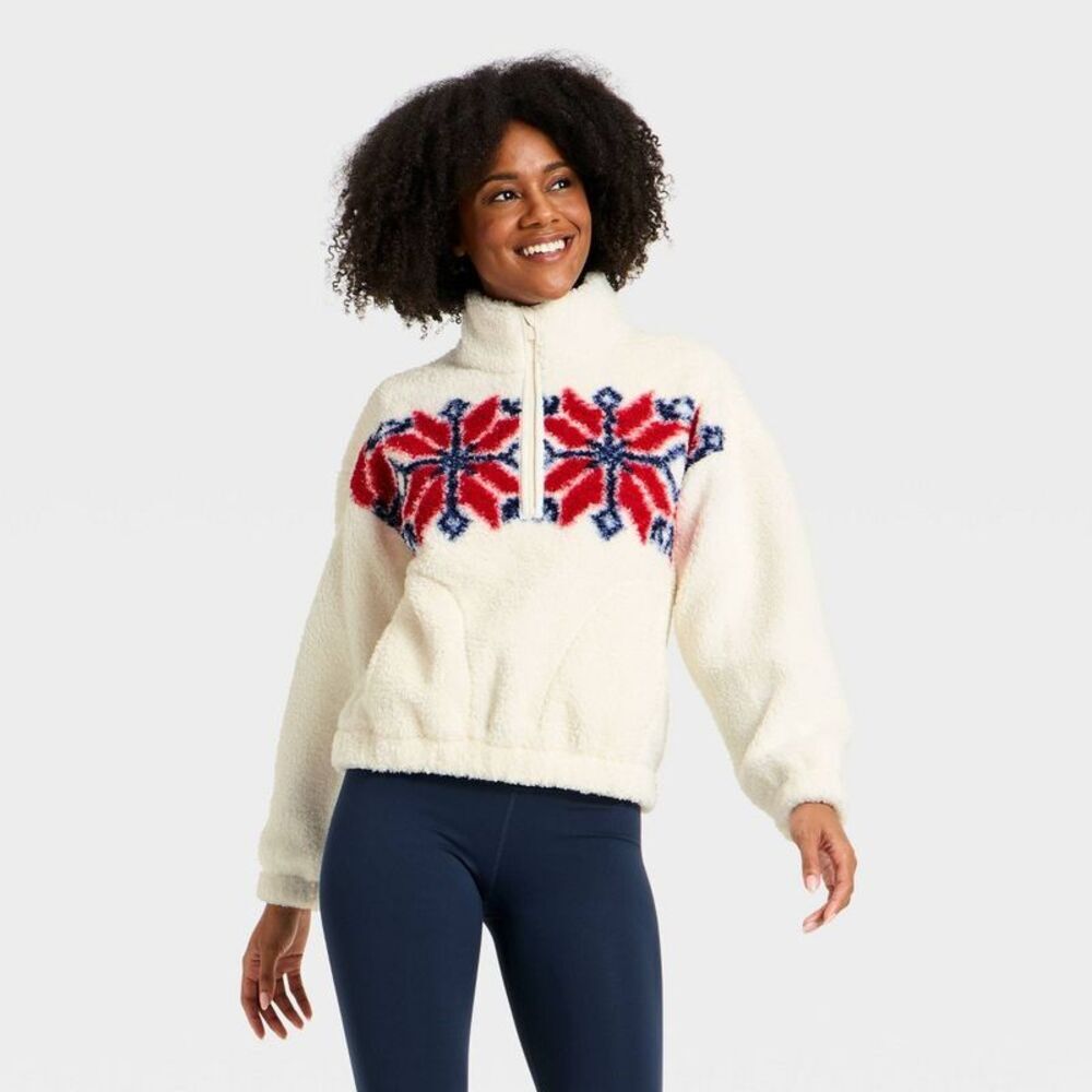 Women's High Pile Fleece 1/2 Zip Pullover Jacket - All In Motion Cream/Red L